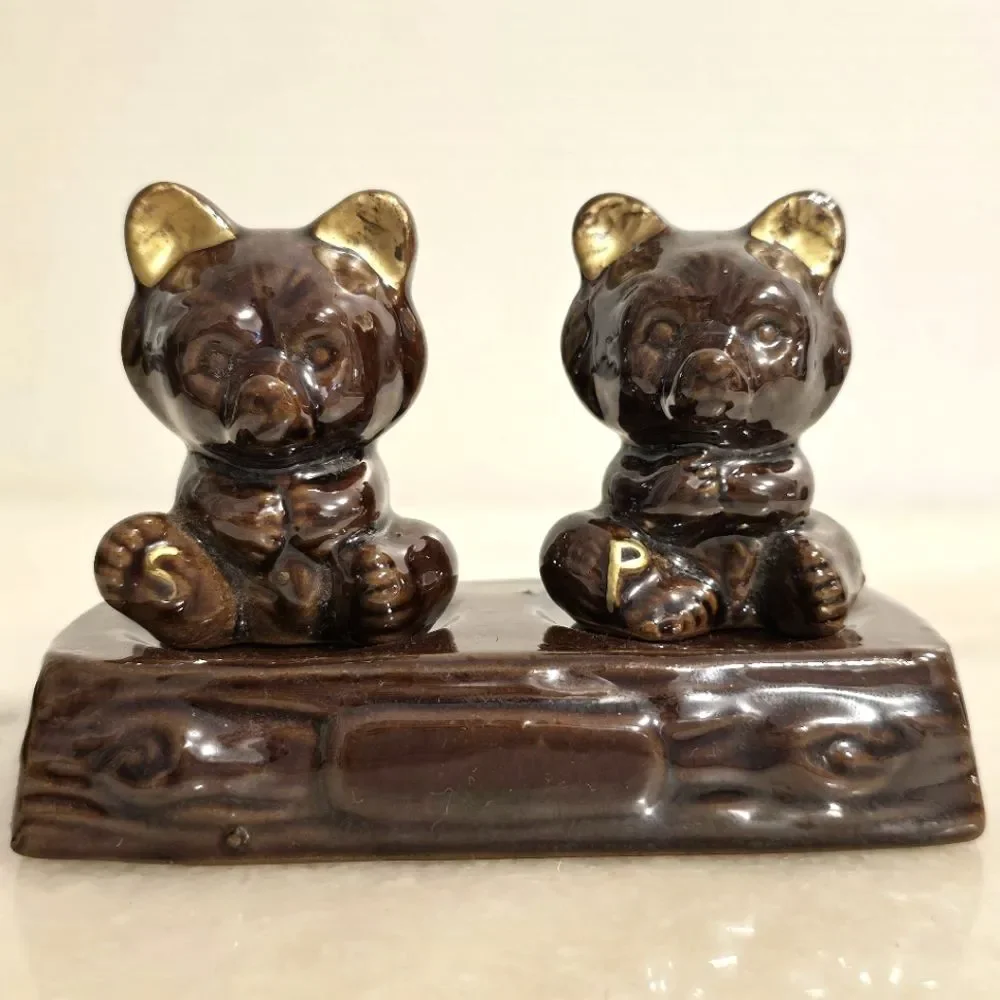 Vintage Japanese bear salt and pepper shakers with stand